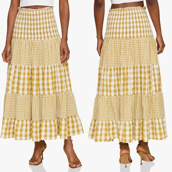 Avec Les Filles mixed print tiered cotton Gingham Maxi Skit - Picture 3 of 9